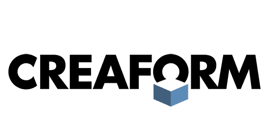 CREAFORM logo with stylized letter O featuring a circular arrow above a 3D blue cube.