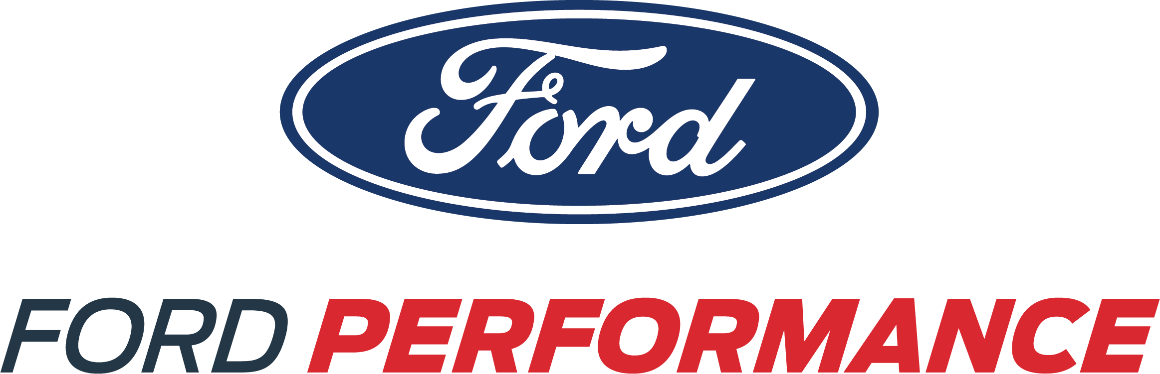 Ford logo in blue oval above the words 'FORD PERFORMANCE' with 'FORD' in dark blue and 'PERFORMANCE' in red italic bold.