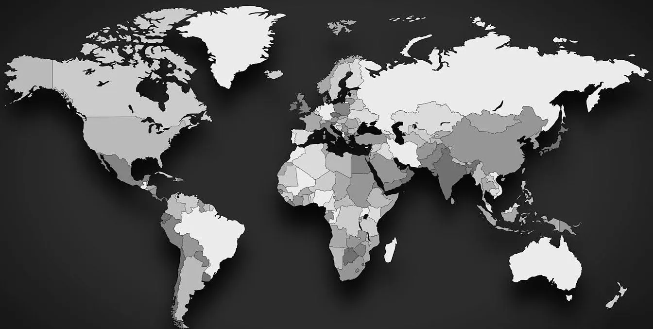 World map showing country borders in shades of gray on a dark background.