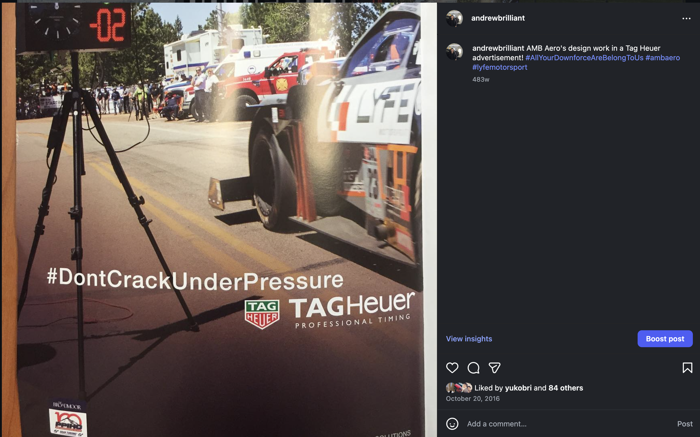 TAG Heuer advertisement featuring AMB Aero design at Pikes Peak